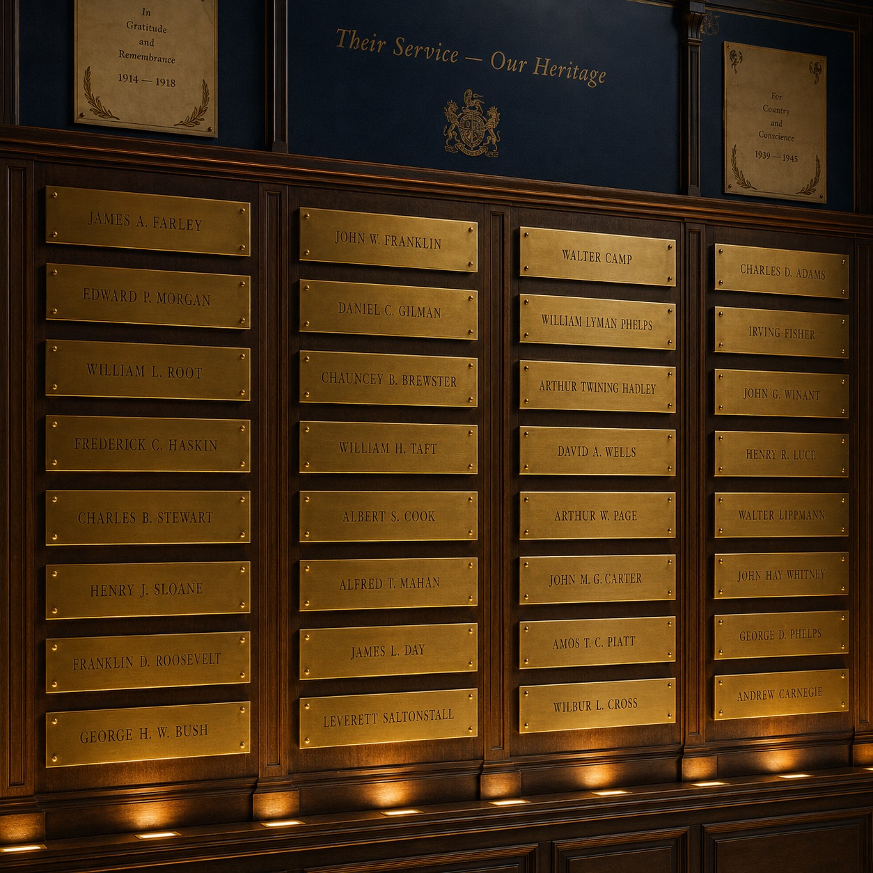 A wall of bronze memorial plaques engraved with names, lit by warm golden uplight