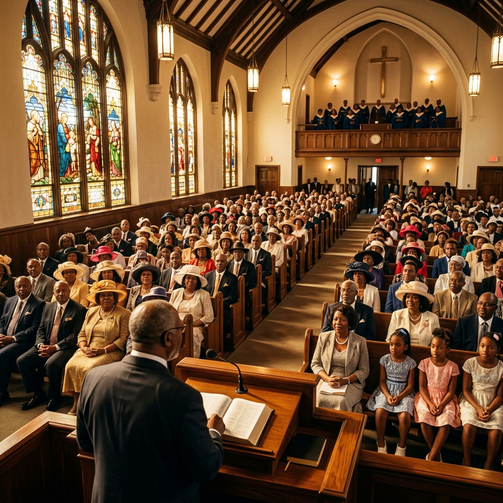 An African American church congregation gathered in Sunday worship — multi-generational, joyful, and dignified