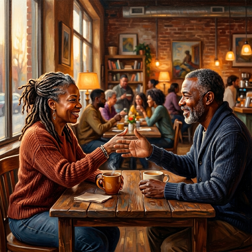 Two people sharing a warm conversation across a table, reaching out in welcome