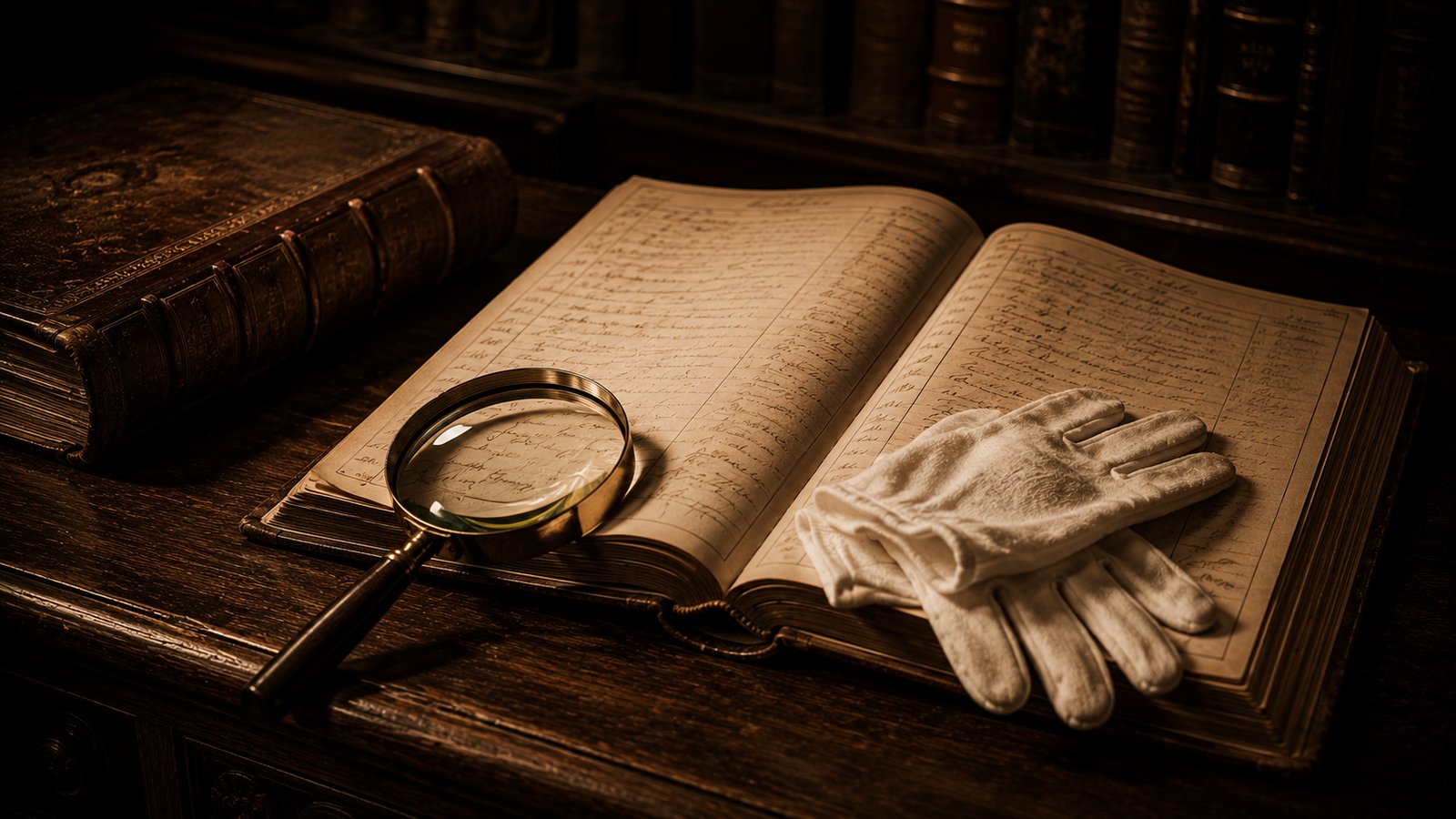 An open 19th-century archival ledger with handwritten copperplate names, white cotton archive gloves and a brass-rimmed magnifying glass beside it, leather-bound volumes receding on shelves