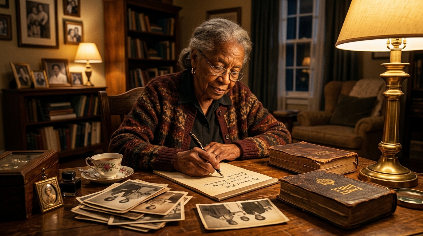 An elder African American woman writing by lamplight surrounded by family photographs and a Family Bible