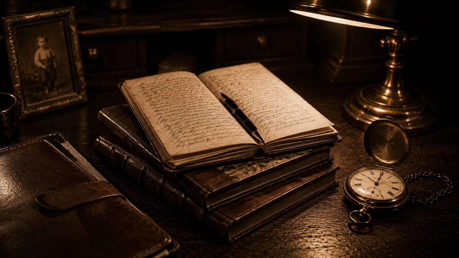 A founder's writing desk at the close of day with an open leather-bound journal, brass reading lamp, and a framed sepia photograph of a child