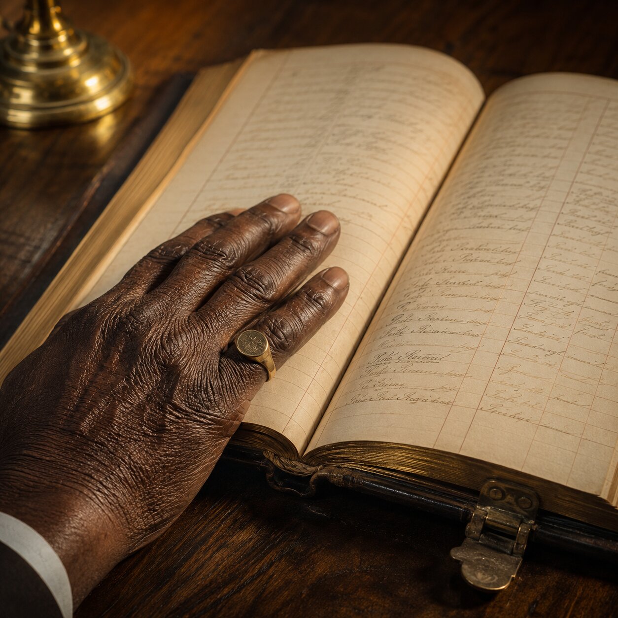 An elderly Black hand resting on an open leather-bound ledger of handwritten names in elegant serif script, lamplit