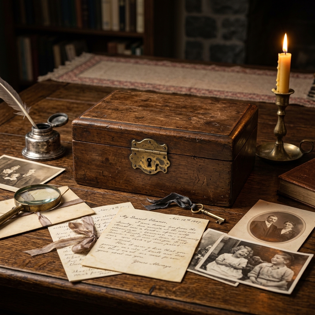 A closed antique wooden keepsake box with a brass lock, surrounded by family letters