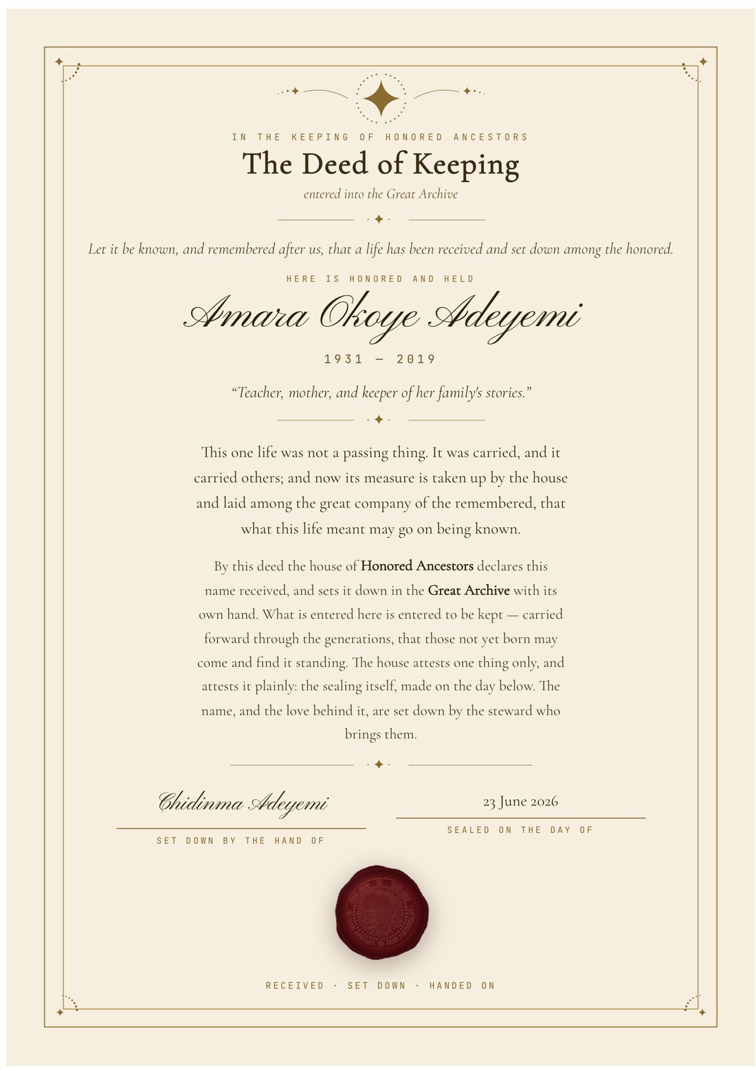 A specimen Deed of Keeping — the ancestor's name in calligraphic script, the house medallion in blood-red wax