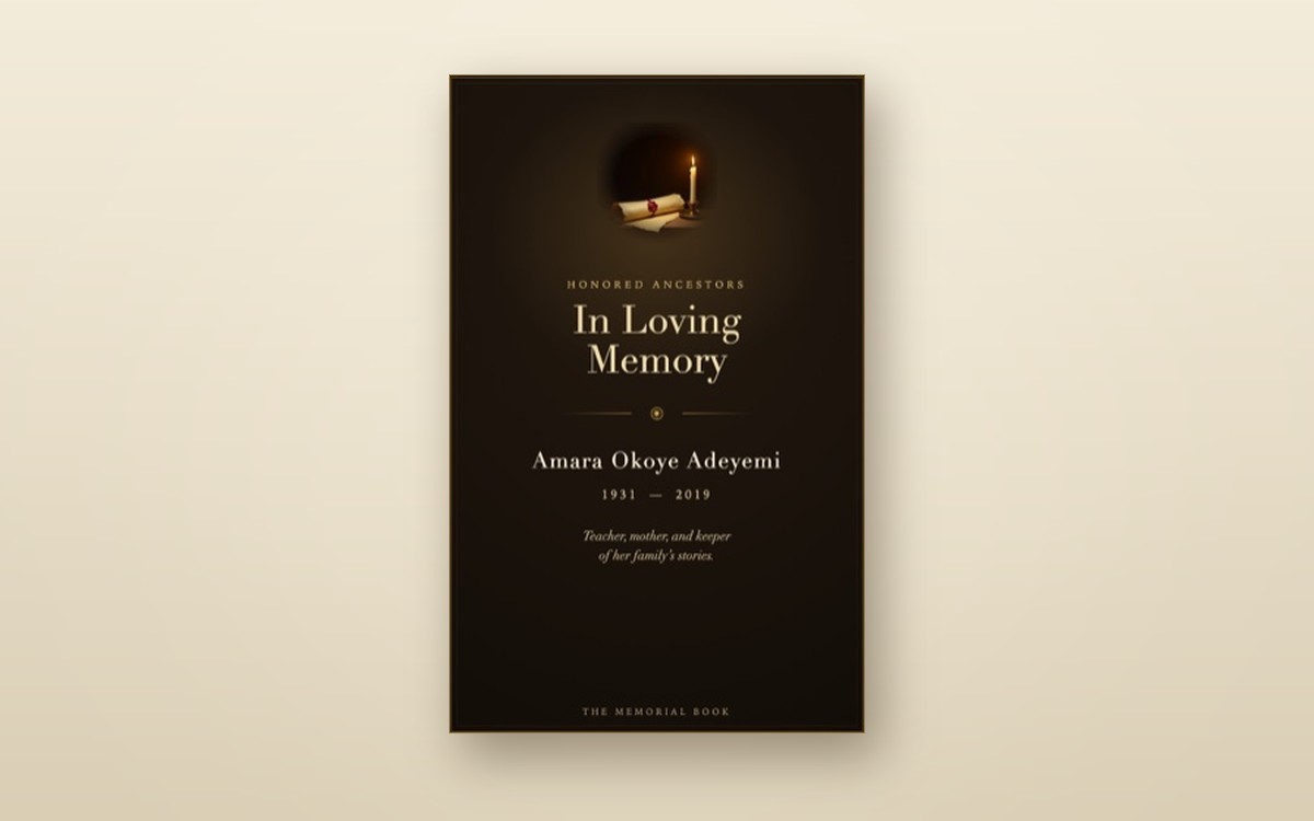An example Memorial Book — the dark volume set against warm parchment light, a rendered specimen