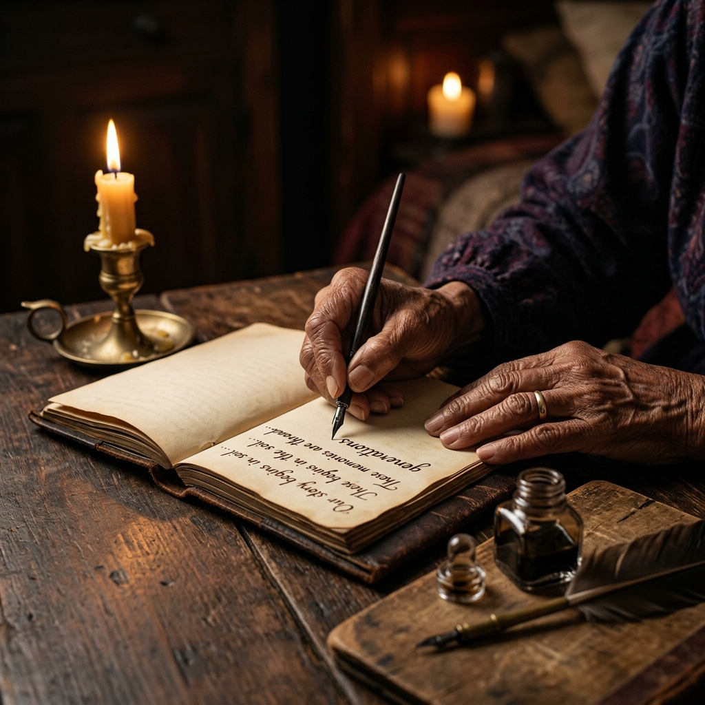 Elder hands writing carefully in a leather journal by candlelight