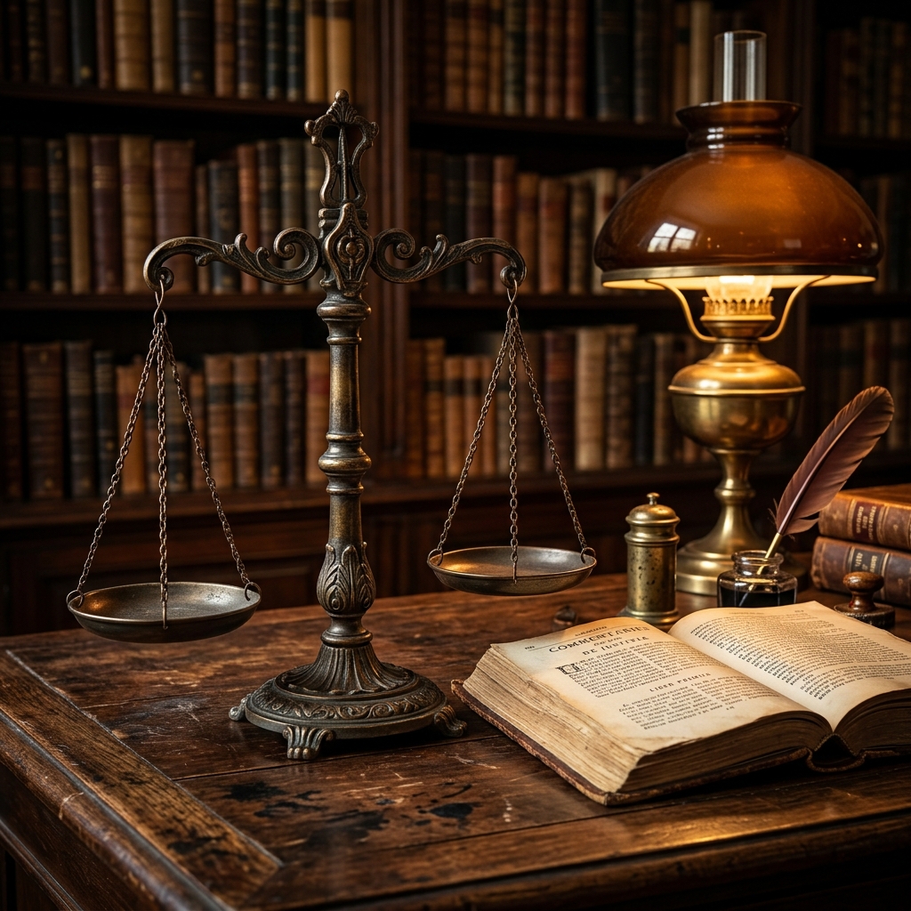 Antique bronze scales of justice on a dark wooden desk with warm golden lamplight
