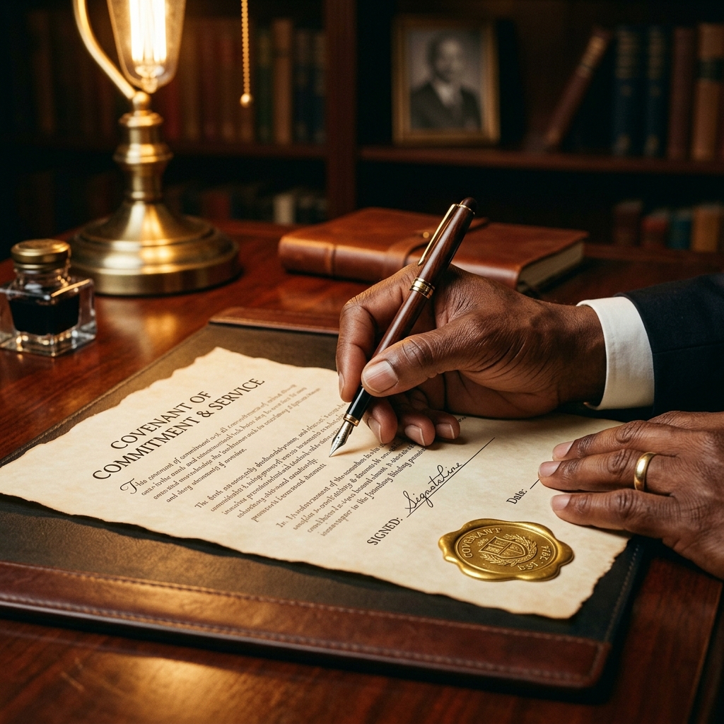 A dignified hand holding a fountain pen over a formal document with a gold wax seal